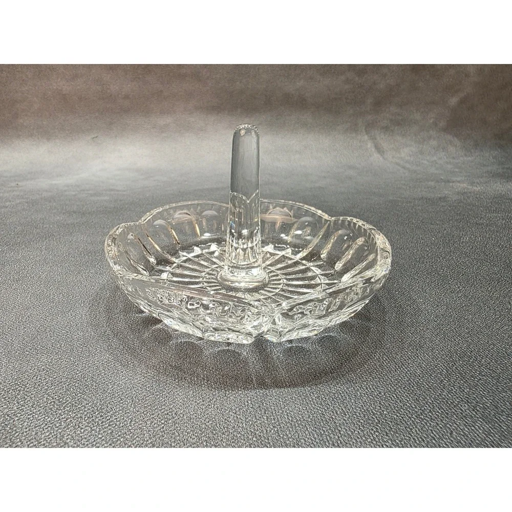 Vintage Clear Pressed Glass Ring Holder Dish Sunburst Pattern Scalloped Edge 4